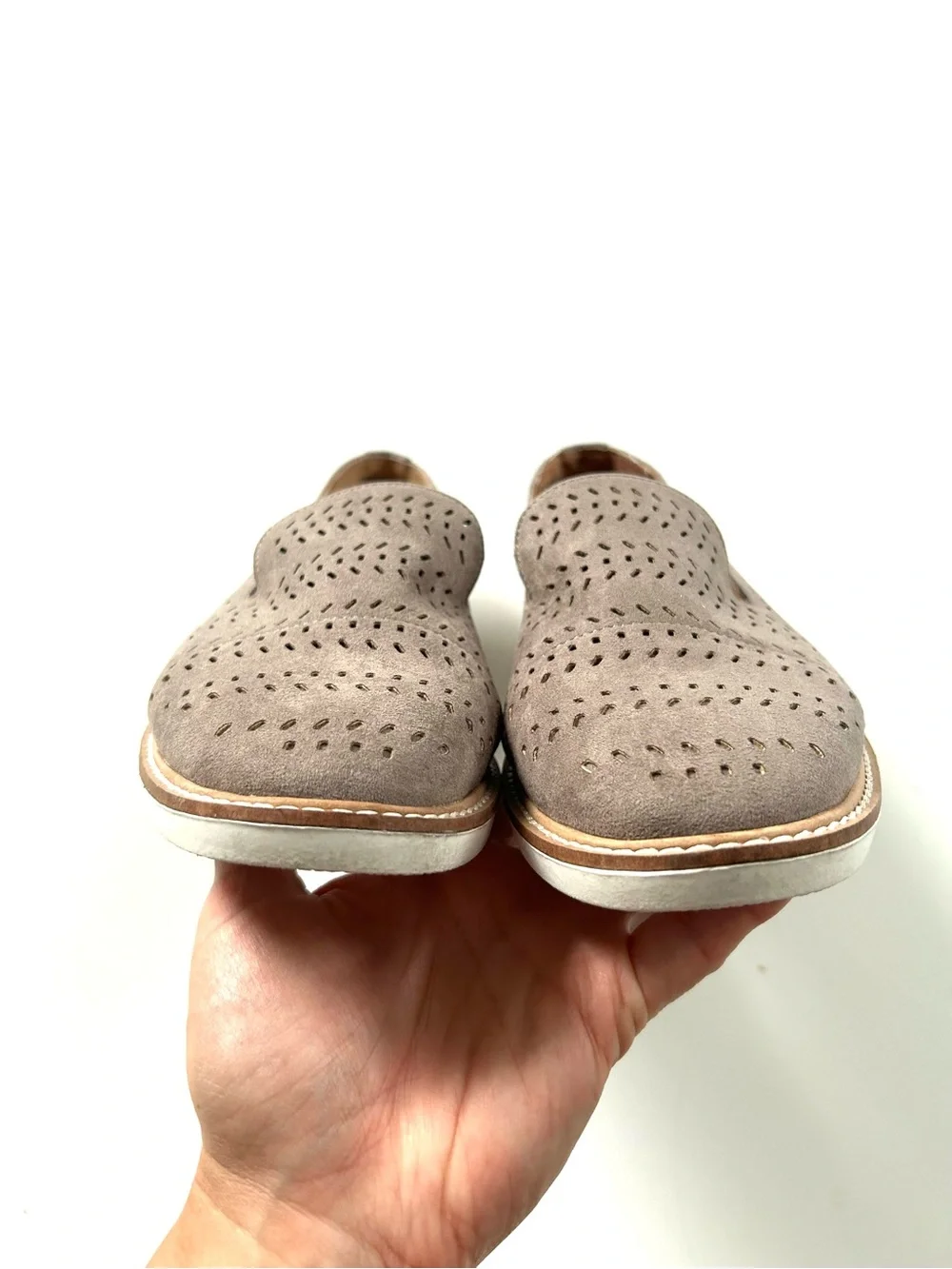Susina Taupe Perforated Slip-On Suede Loafer Flats